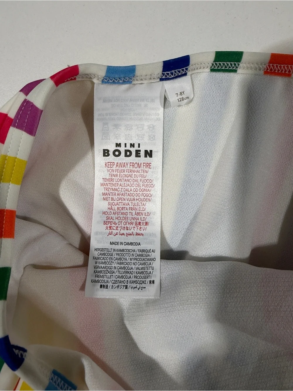 Mini Boden Ellery Rainbow Stripe Swimsuit, Fruit, size 7-8 year, NWOT